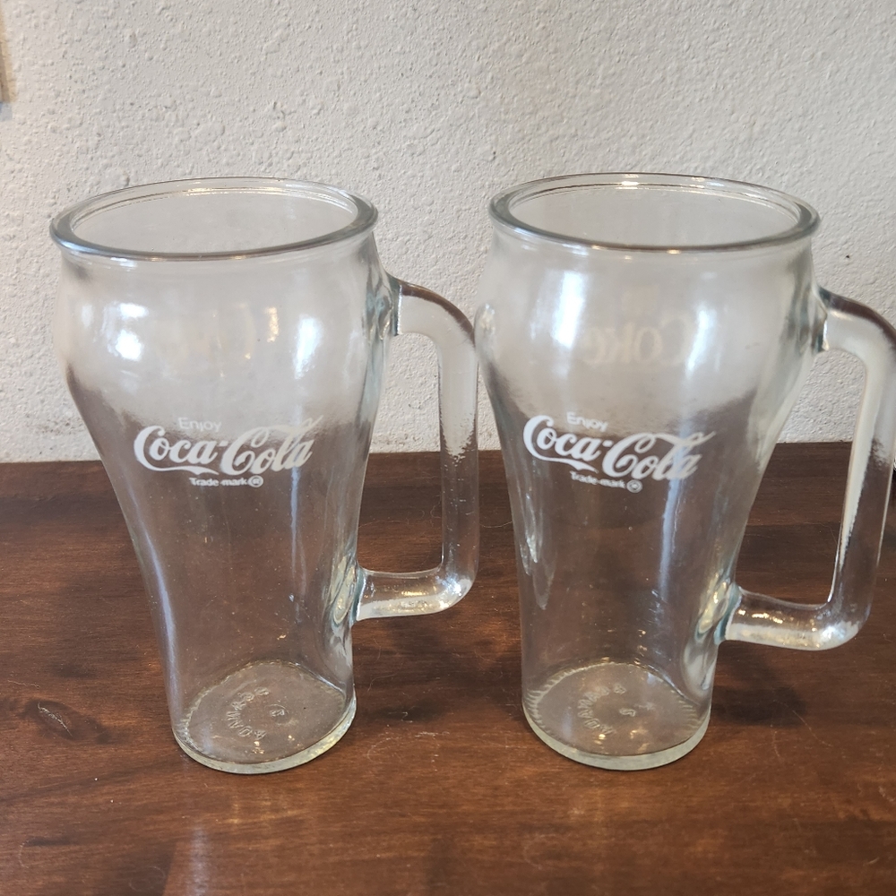 Vintage Clear Coca-Cola Coke Drinking Glass with cowboy Handle 6 1/4" set of 2